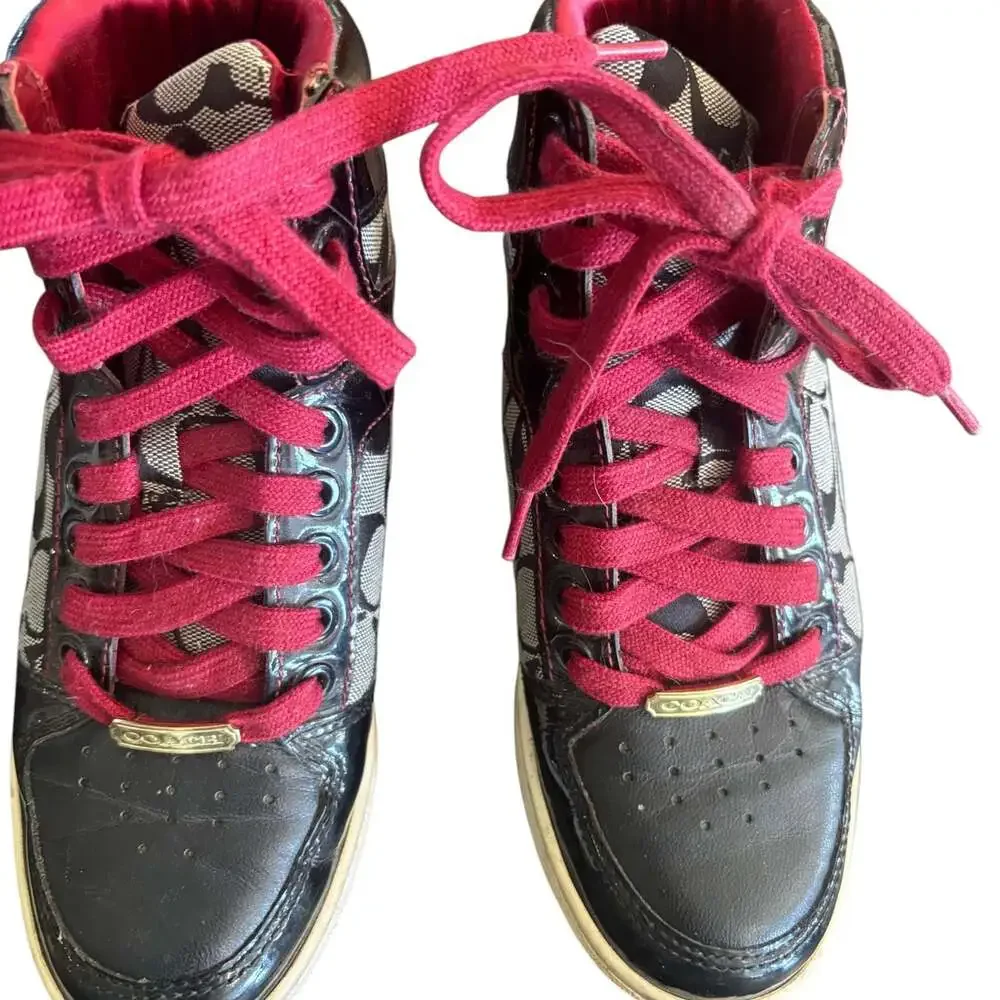 Coach Norra High Top Sneaker Q368 Women's 6 Black Signature Canvas Patent Red